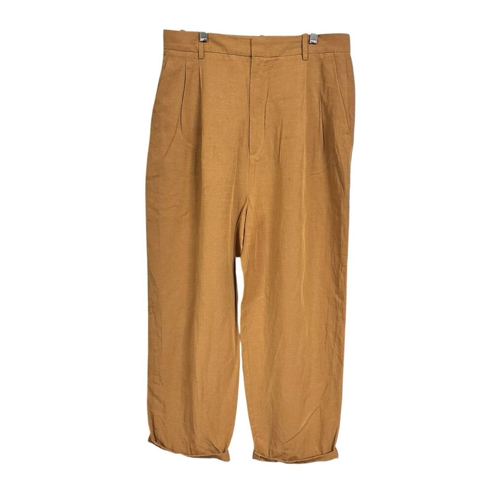 Zara Women's Sz L Orange Pleated Flat Front Pants High Rise Straight Leg